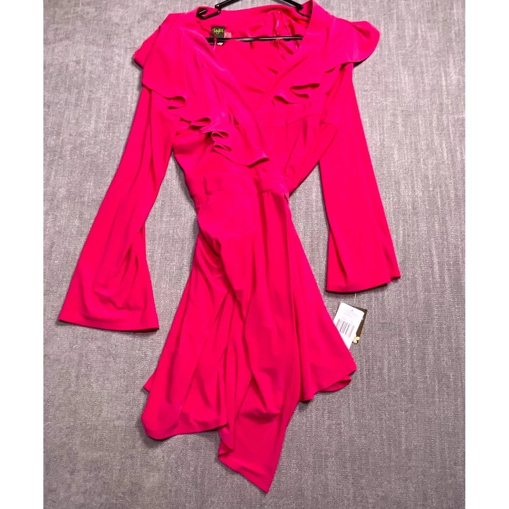 Taylor Evening Wrap Dress Womens 6 Pink Ruffled Long Sleeve Party Wear Tie Waist